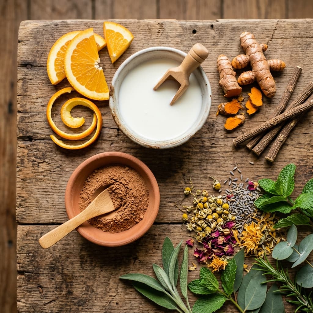 Natural skincare ingredients laid out